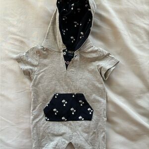 Andy & Evan Hooded Romper - Gray and Navy Blue